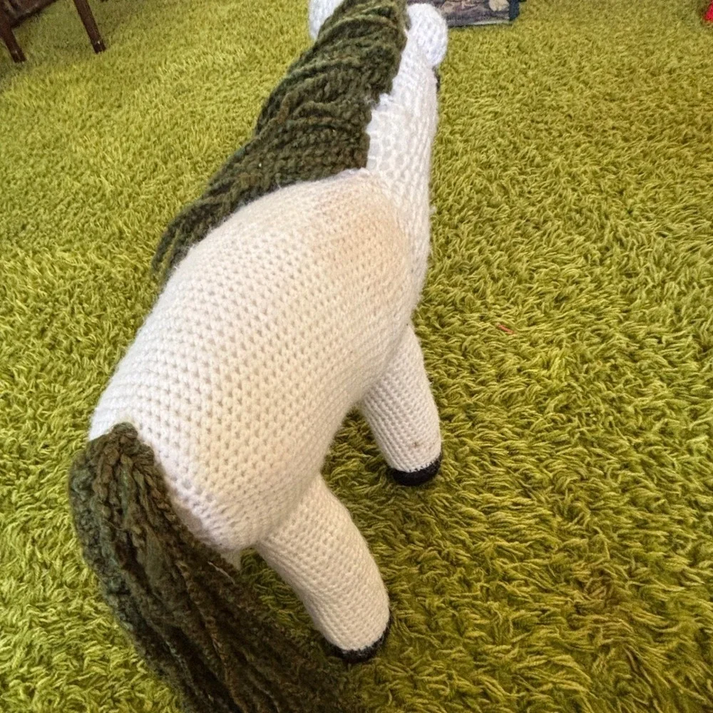 Handmade Crochet Horse Plush White Green Mane Amigurumi Folk Art Pony 12